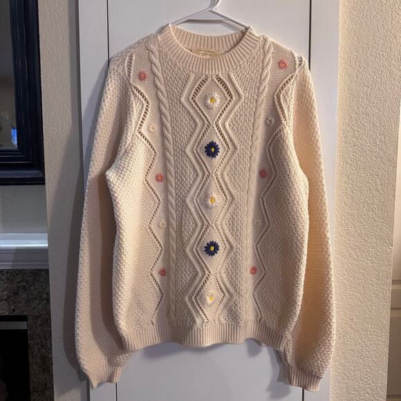 Sezane Zacharie Jumper 100% Wool Sweater Cream Embroidered Floral Size Medium - Picture 2 of 7